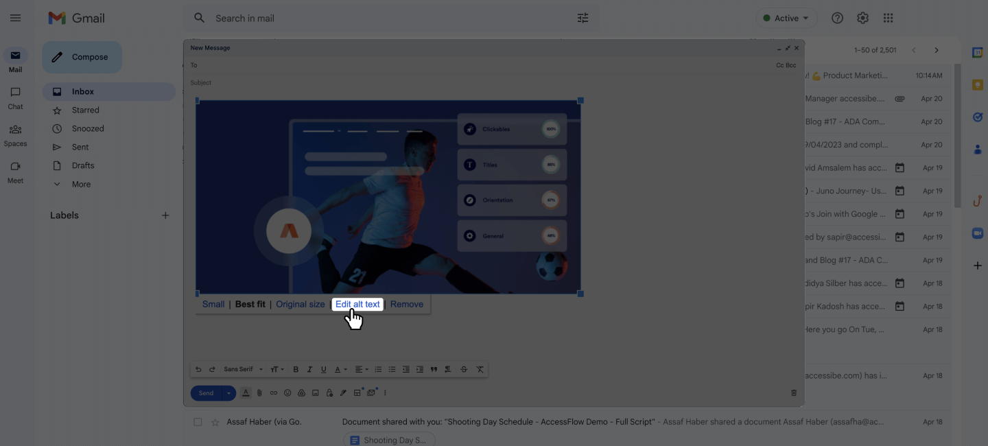 Screenshot of the &lsquo;Edit alt text&rsquo; button within a Gmail draft.