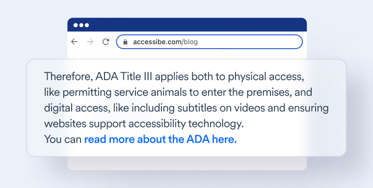 A blog paragraph where the text &ldquo;read more about the ADA here&rdquo; is the anchor text.